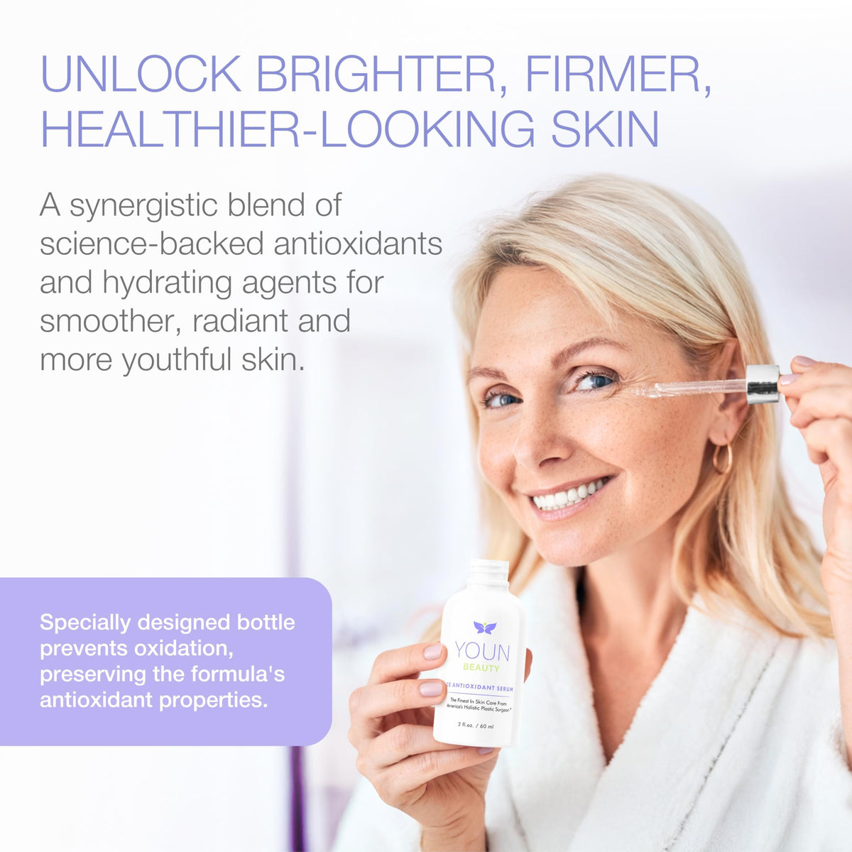 YOUN Beauty serum close-up of vitamin E and ferulic acid for antioxidant support