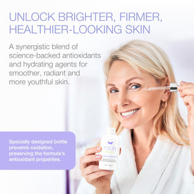 YOUN Beauty serum close-up of vitamin E and ferulic acid for antioxidant support