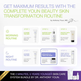 YOUN Beauty 100 ml bottle resting on sink highlights compact skincare routine