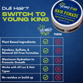 YOUNG KING HAIR CARE ingredients baobab and marula label highlights nourishing care.