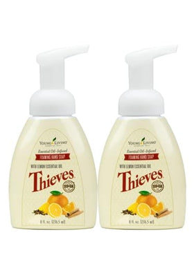 Young Living Thieves foaming hand soap bottle with essential oils for gentle daily cleansing.