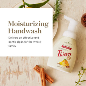 Young Living Thieves Foaming Hand Soap aroma shot emphasizes spicy lemon scent during use.