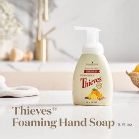 Young Living Thieves Foaming Hand Soap bottle label view shows plant-based cleansing for the family.