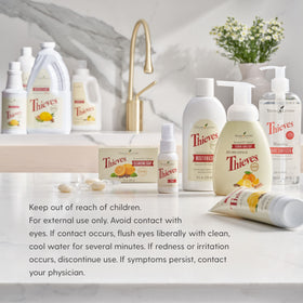 Young Living Thieves Foaming Hand Soap bottle trio communicates value and plant-based ingredients.