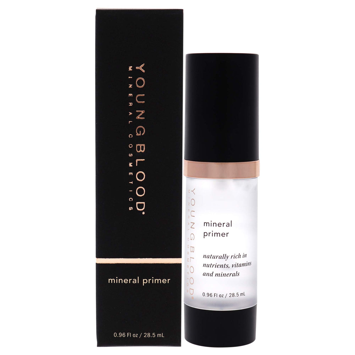 Youngblood Mineral Primer bottle close-up, colorless base to extend makeup wear.