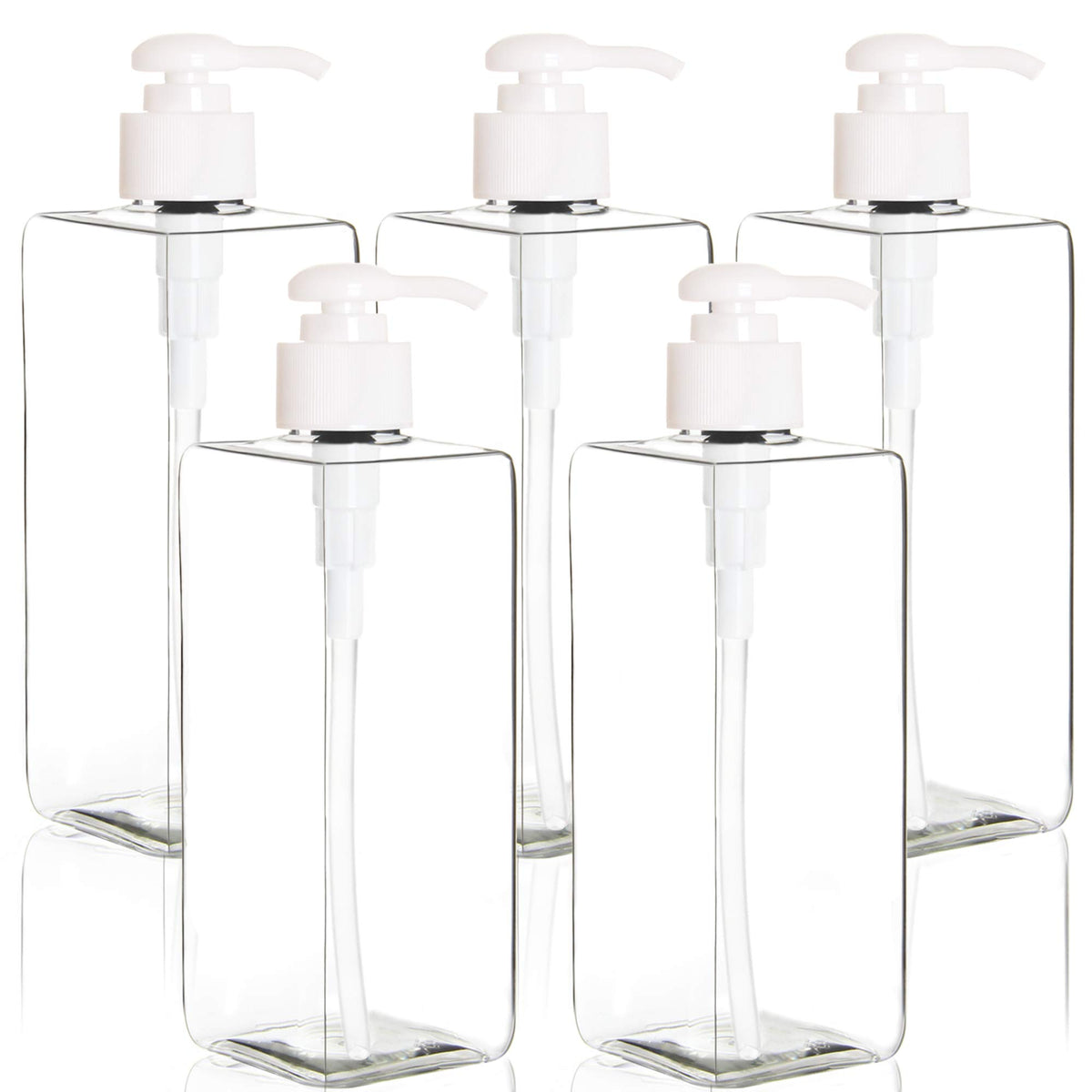 Youngever 5-pack 16-ounce square pump bottles front view for lotions and shampoos.