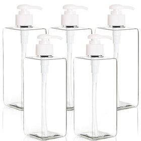 Youngever 5-pack 16-ounce square pump bottles front view for lotions and shampoos.