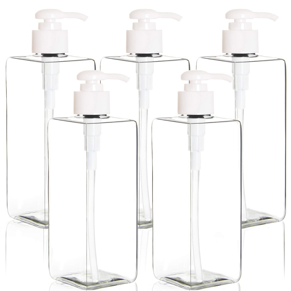 Youngever 5-pack 16-ounce square pump bottles front view for lotions and shampoos.