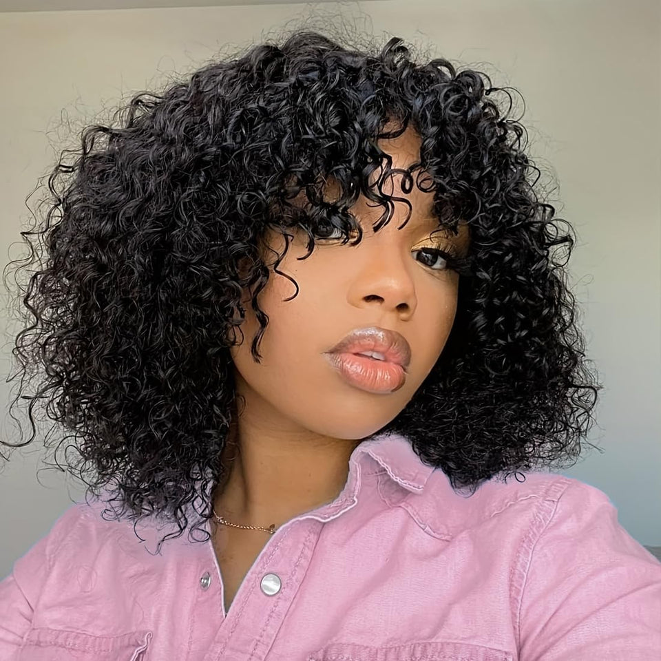 Youngirl short curly wig with bangs shows natural waves for everyday wear.