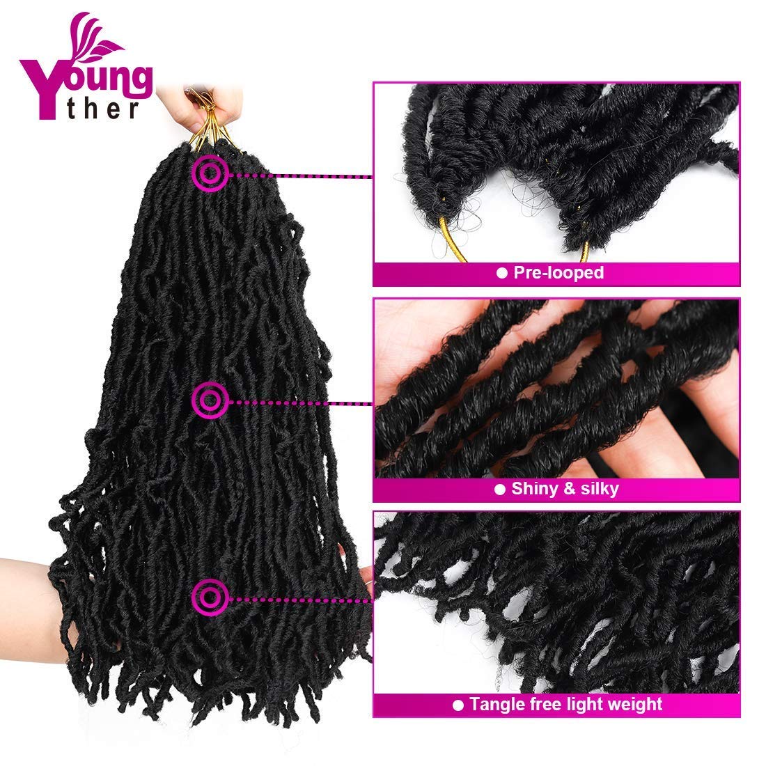 Youngther 7-pack 24-inch locs provides full coverage for thick looks.