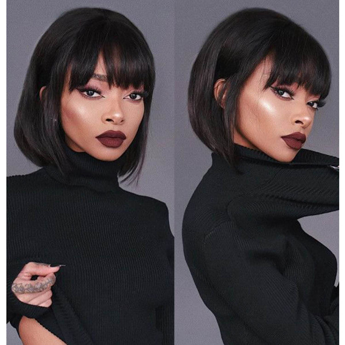 YOUNIGA short bob wig with bangs and cap, easy wear and adjustable fit.