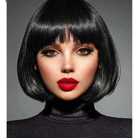 YOUNIGA black bob wig with bangs, 12-inch length for everyday style and versatility.