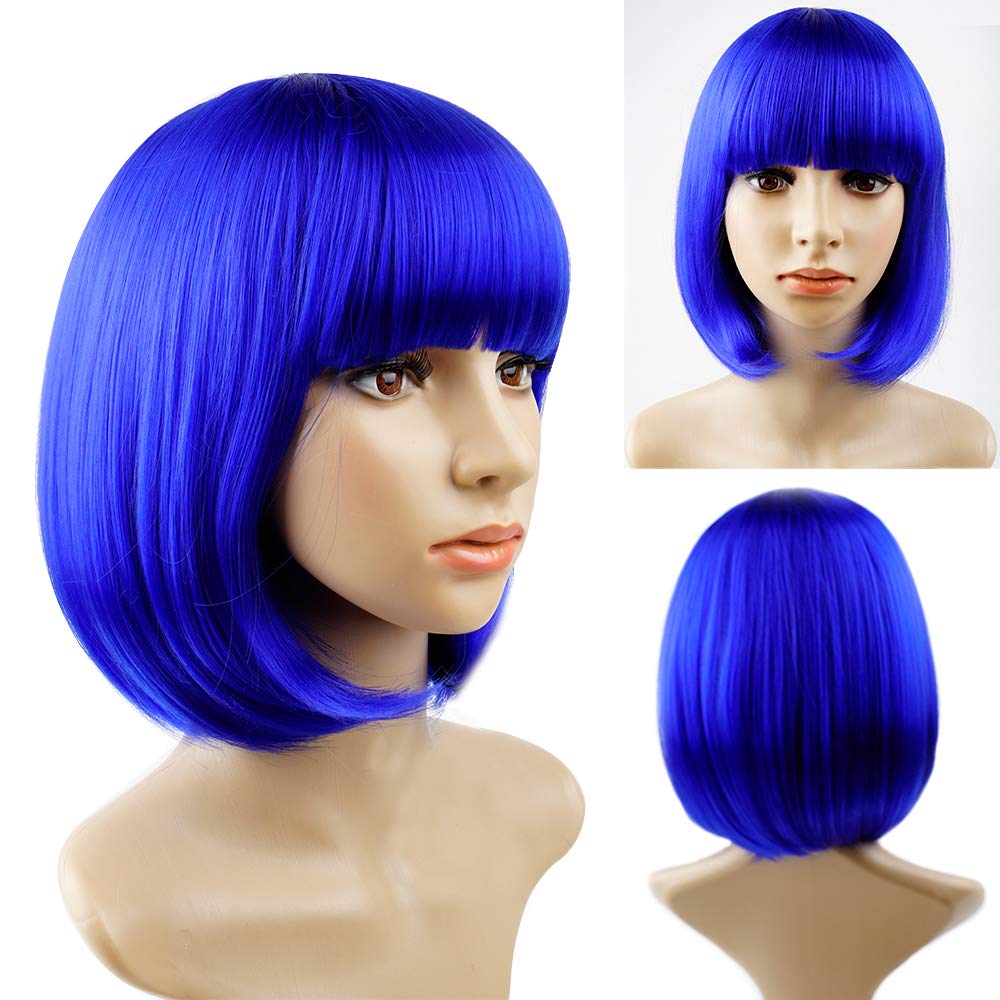 YOUNIGA blue bob wig 12-inch length highlighted for easy styling.