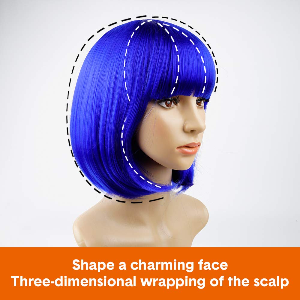 YOUNIGA blue bob wig close-up fiber texture and shine for a realistic look.