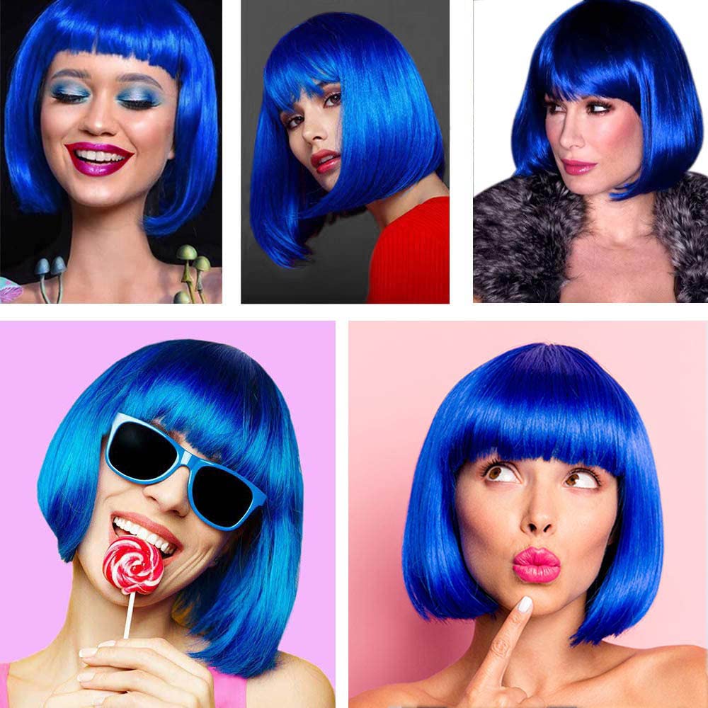 YOUNIGA blue bob wig cosplay-ready for parties, weddings, and events.