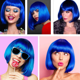 YOUNIGA blue bob wig cosplay-ready for parties, weddings, and events.