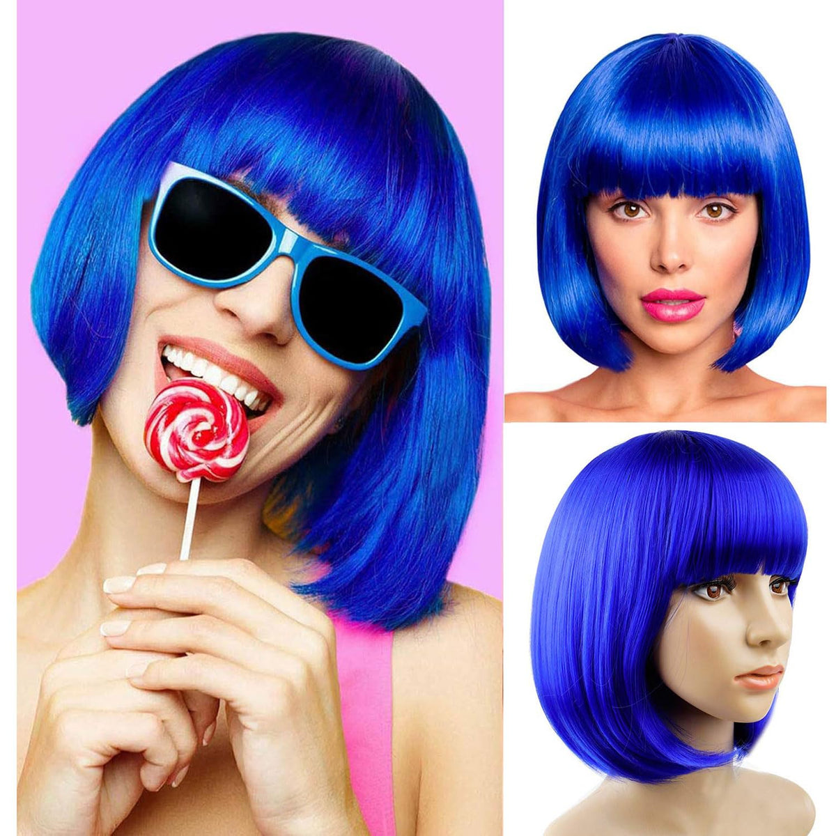 YOUNIGA blue bob wig side view highlighting sleek silhouette.