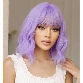 YOUNIGA short bob wavy wig with bangs in light purple for everyday style.