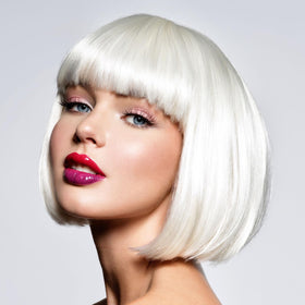 YOUNIGA white bob wig with bangs, front view, comfortable cap for daily wear.