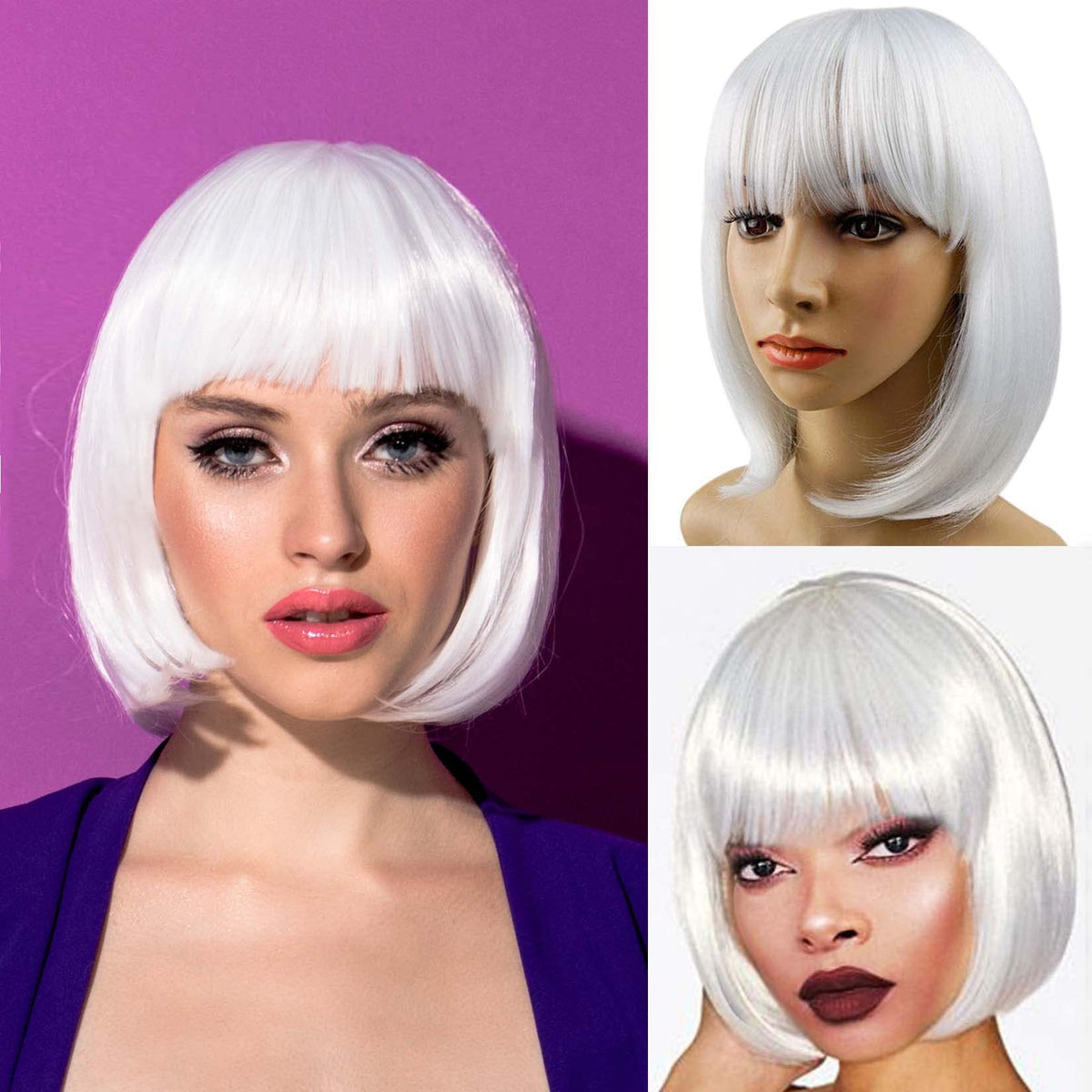 YOUNIGA white bob wig, cosplay-ready front view for events.