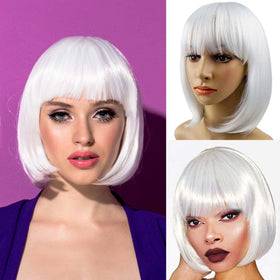 YOUNIGA white bob wig, cosplay-ready front view for events.