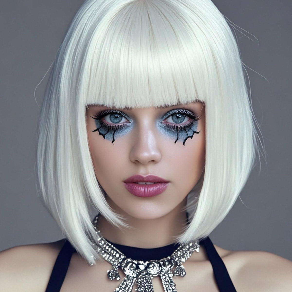 YOUNIGA white bob wig, side view, lightweight fibers for easy styling.
