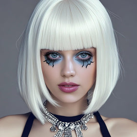 YOUNIGA white bob wig, side view, lightweight fibers for easy styling.