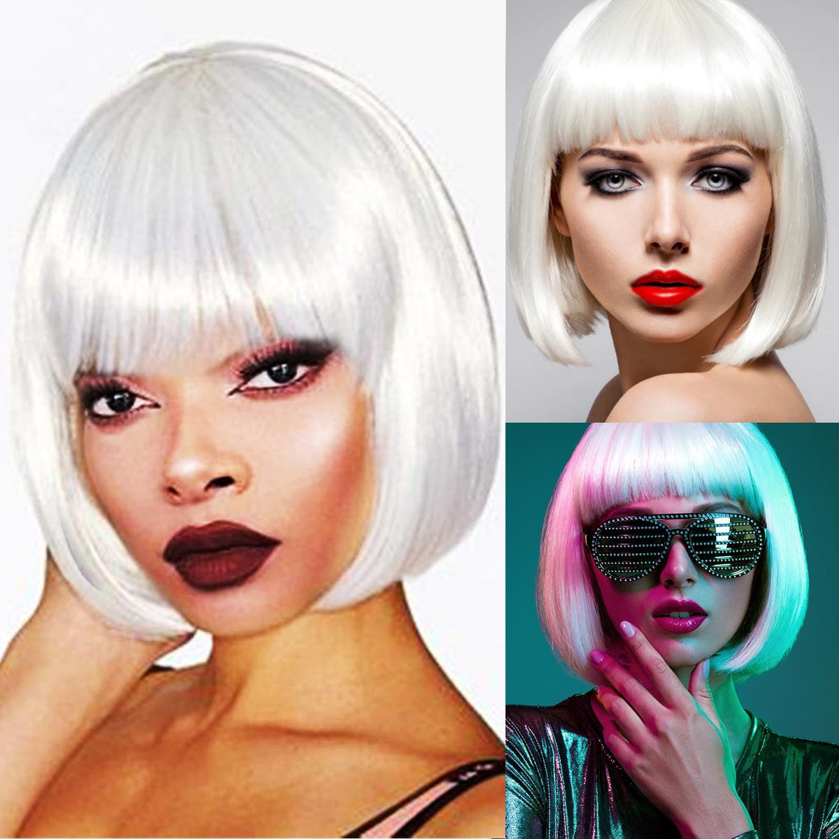 YOUNIGA white bob wig, back view, secure fit for all-day use.