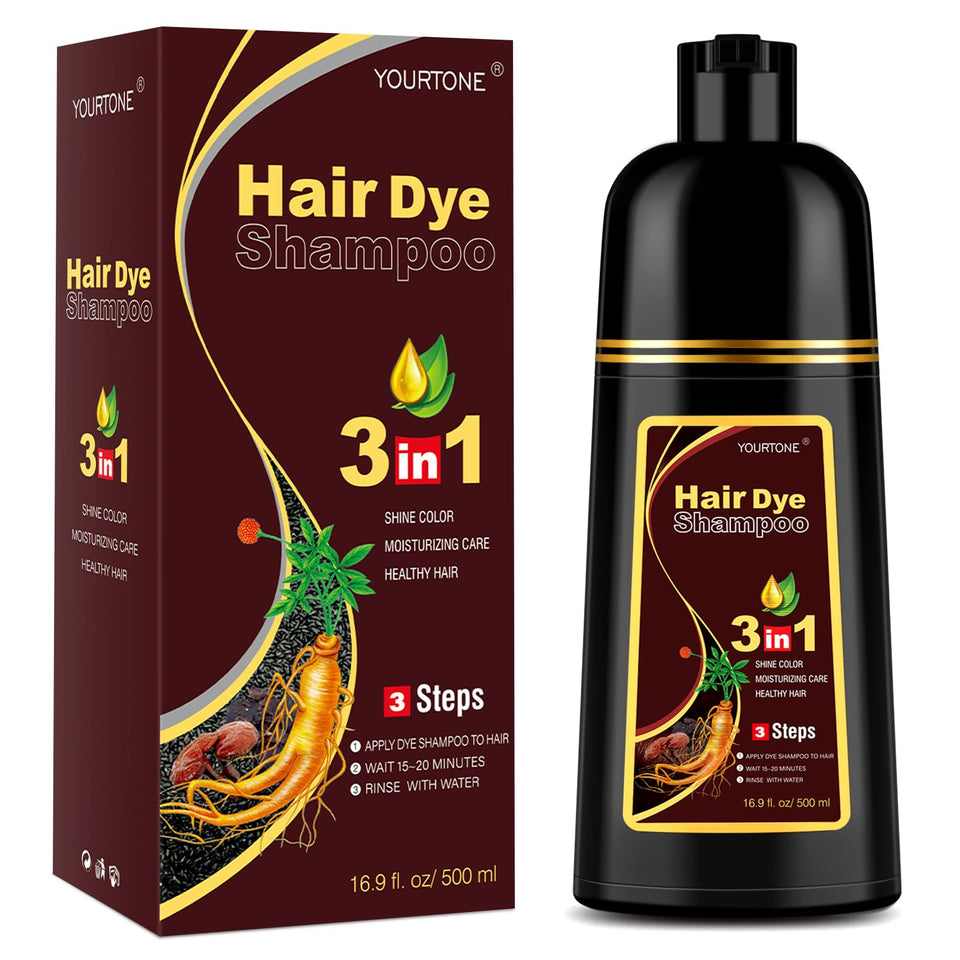 YOURTONE chestnut brown hair dye shampoo bottle shows easy gray coverage and shine
