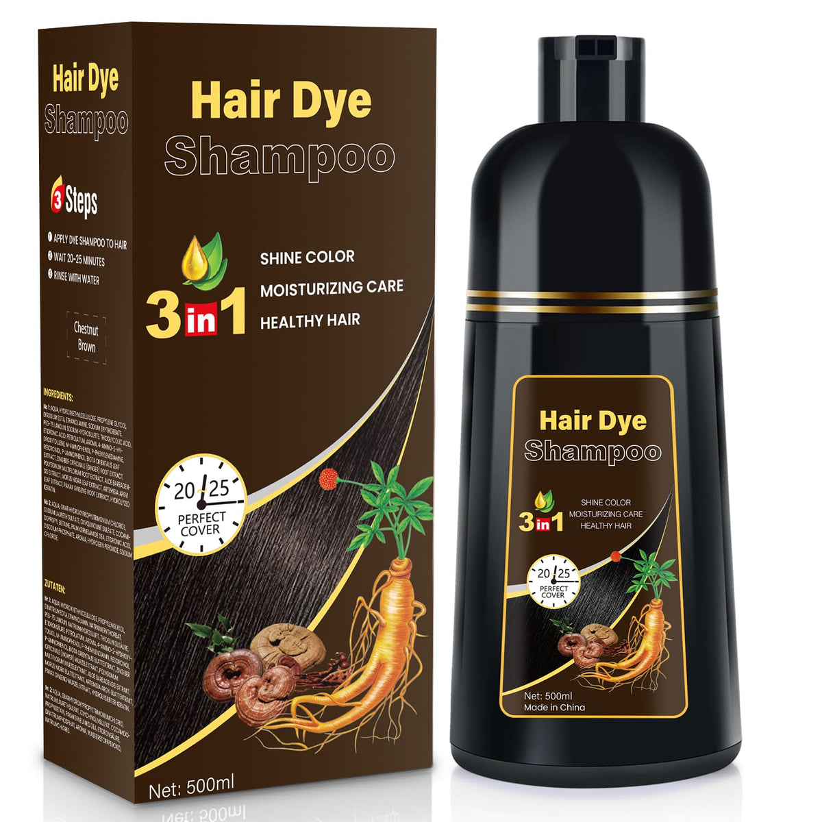 YOURTONE Hair Dye Shampoo Chestnut Brown bottle pour shows convenient color application at home.