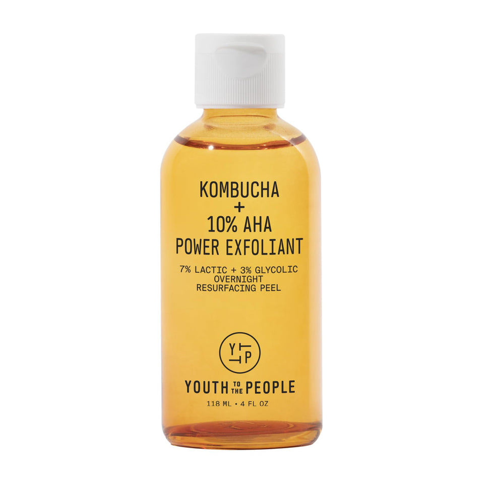 Youth To The People Kombucha + 10% AHA Exfoliant bottle—fragrance-free exfoliation for smoother skin