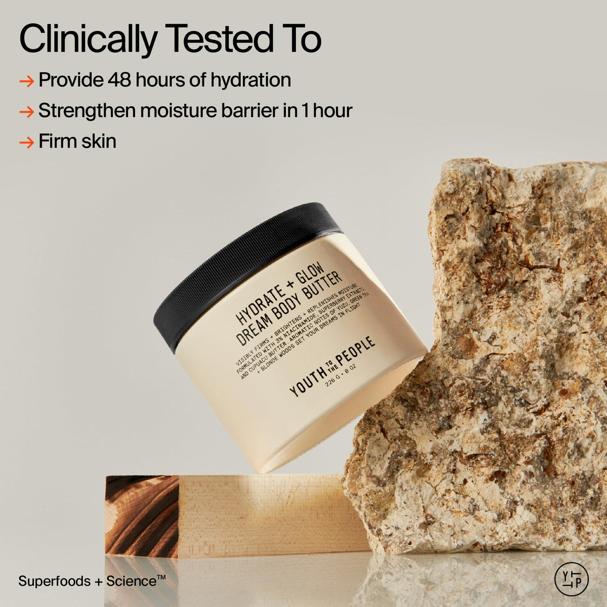 Youth To The People Superberry Hydrate Glow Dream Body Butter applied to damp skin after shower.