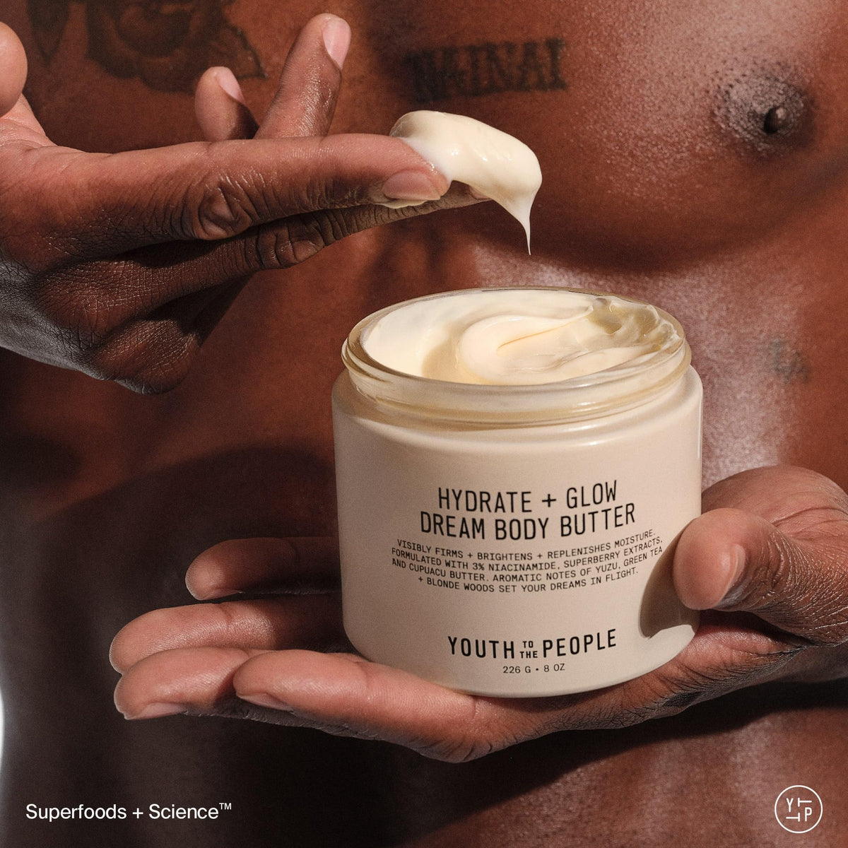 Youth To The People body butter texture close-up—creamy, fast-absorbing, and skin-friendly.