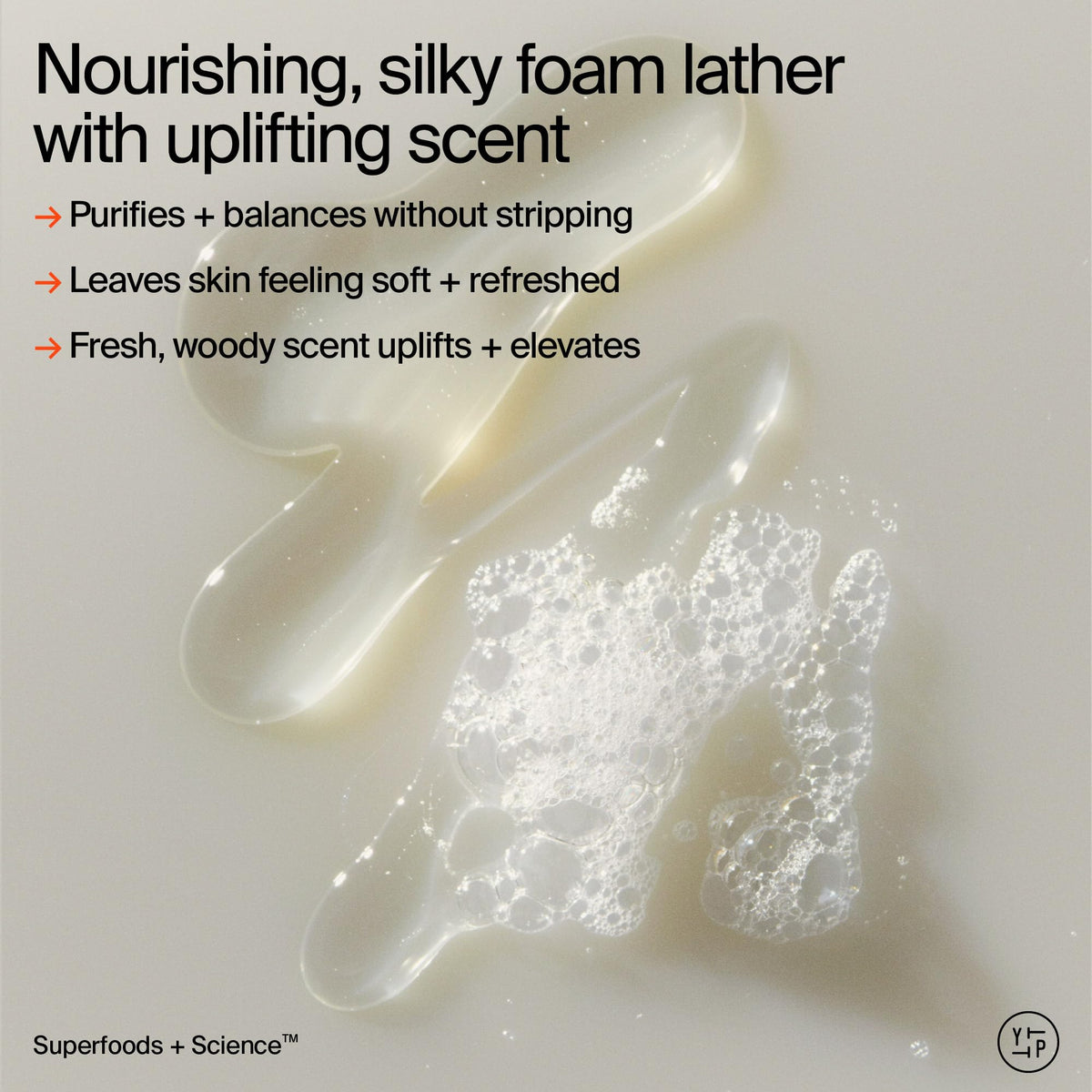 Youth To The People body wash foam close-up demonstrates rich lather for daily cleanse.