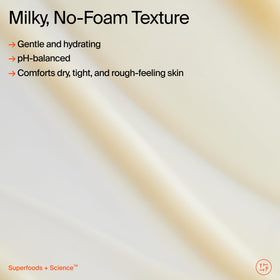 Youth To The People Supershroom cleanser milky texture in hand for gentle makeup removal and hydration.