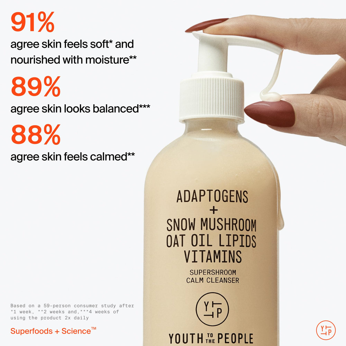 Youth To The People Supershroom cleanser on skin for makeup removal and gentle purification.