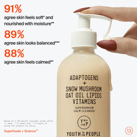 Youth To The People Supershroom cleanser on skin for makeup removal and gentle purification.