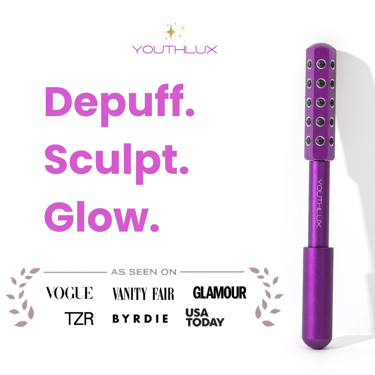 YOUTHLUX face massage tool offers cooling touch to calm puffiness.
