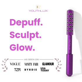 YOUTHLUX face massage tool offers cooling touch to calm puffiness.