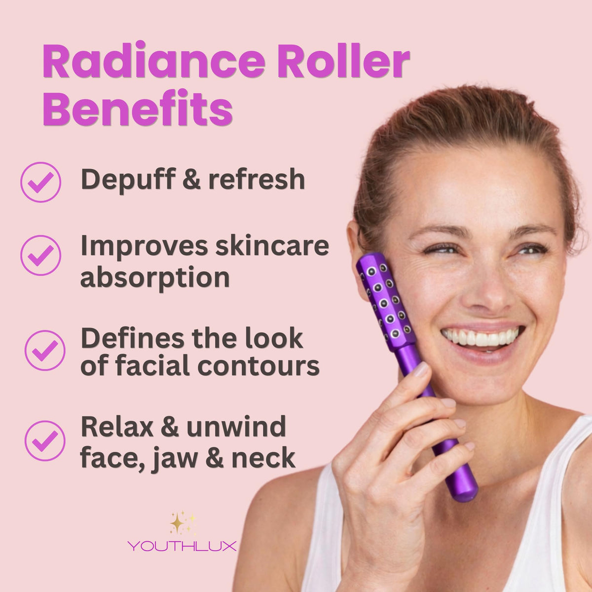 YOUTHLUX Germanium stone roller targets de-puffing and gentle contouring.