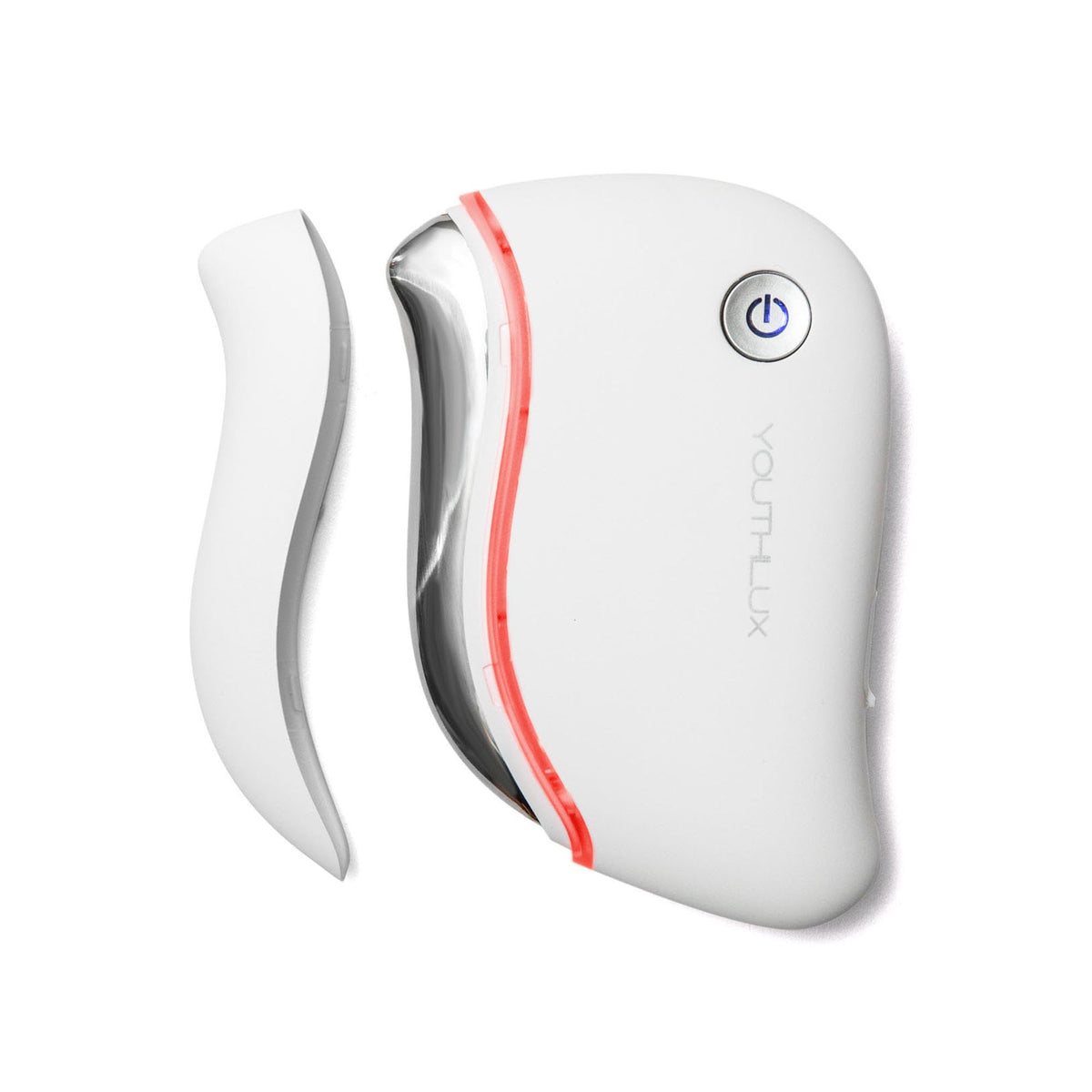 YOUTHLUX ProSculpt heated gua sha face close-up highlights soothing warmth for radiant skin.