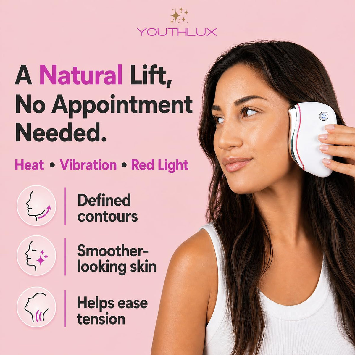 YOUTHLUX ProSculpt vibration mode image suggests calm massage at 8,000 rpm.