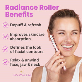 YOUTHLUX Radiance Roller cooling effect to reduce puffiness and refine contours.