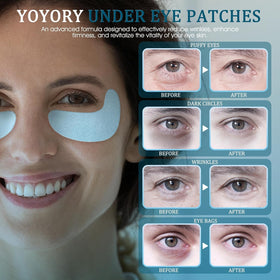 YOYORY patches during application illustrate soothing, cooling contact under the eyes.
