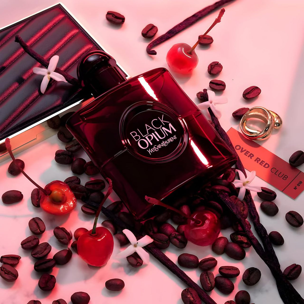 YSL Black Opium Over Red bottle cap close up emphasizes modern glamour in a compact form