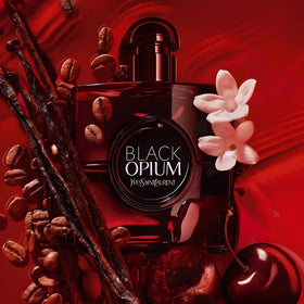 YSL Black Opium Over Red bottle side highlights sleek red packaging for a collectible fragrance