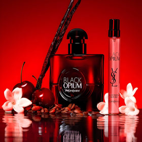 YSL Black Opium Over Red flacon detail reveals rich texture suggesting warmth and depth