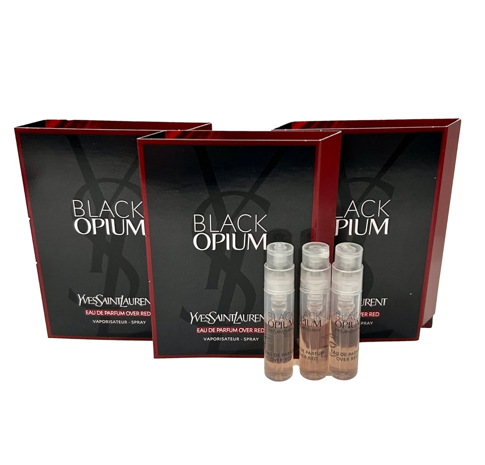 YSL Black Opium Over Red sample bottle front view, travel-friendly tester.
