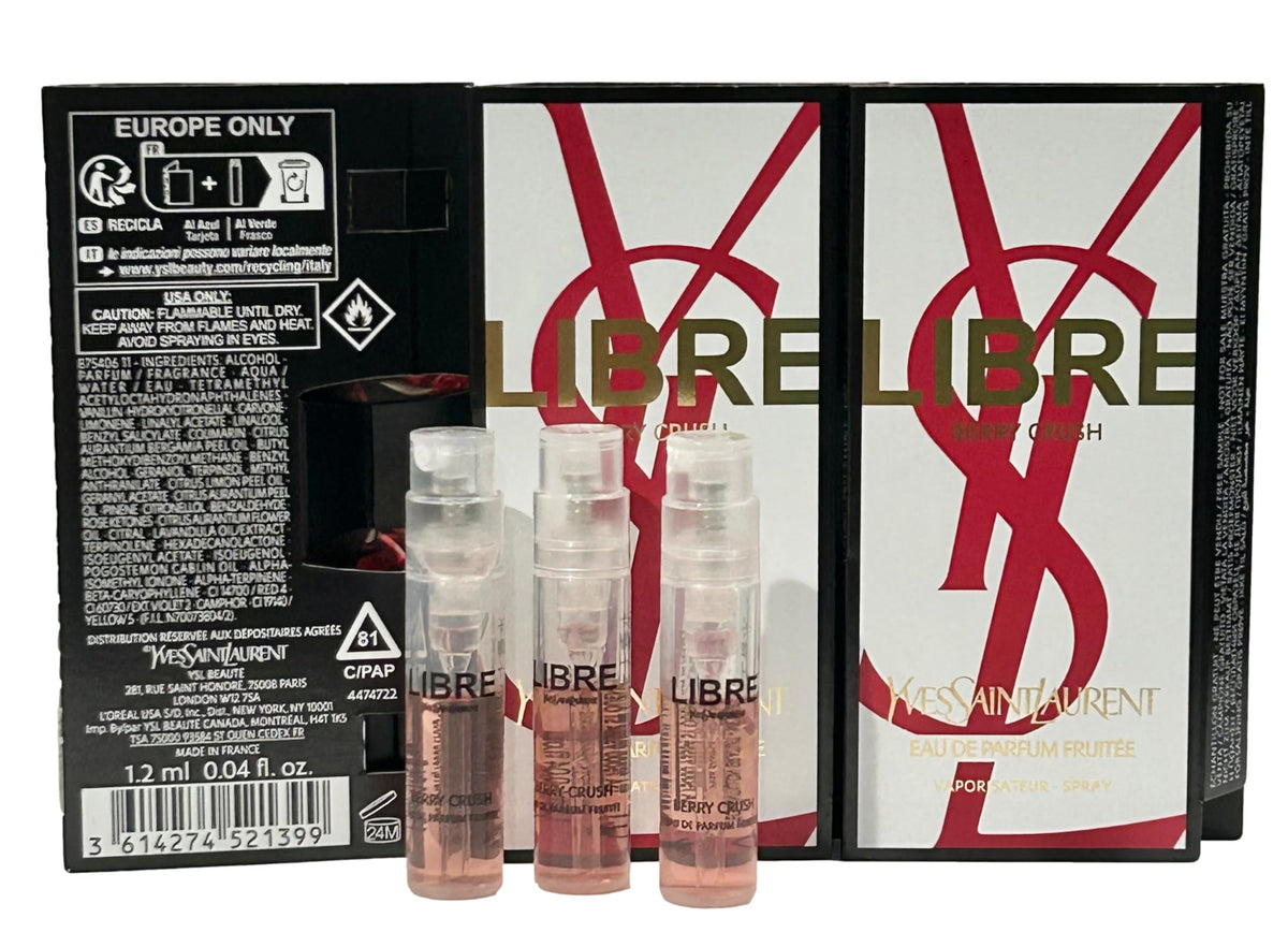 Partially filled trial vial from YSL Libre Berry Crush for purse testing.