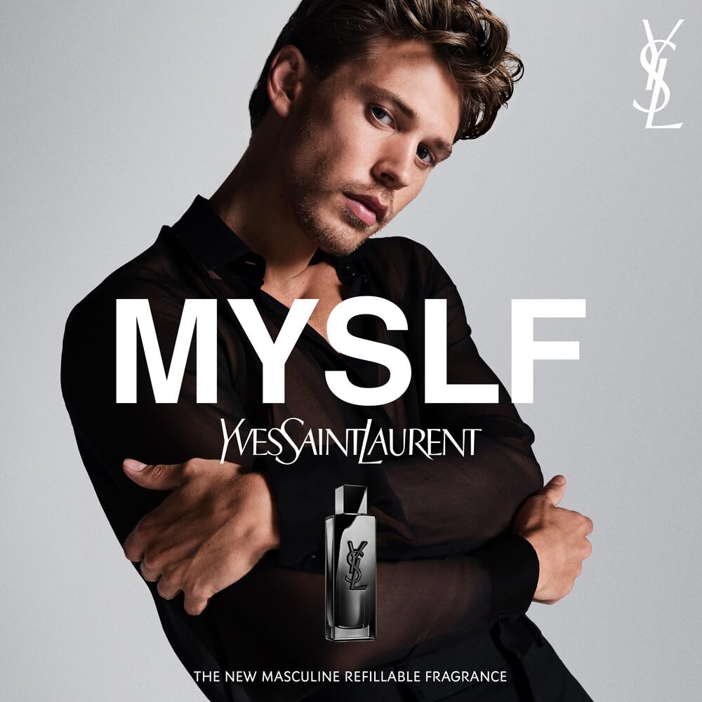YSL MYSLF bottle tilted to reveal sleek lines and premium finish.